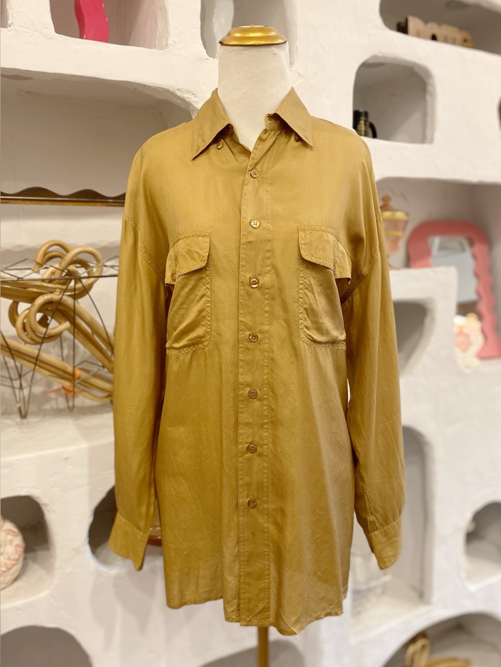 Retro Gold Long Sleeve Silk Button Up Blouse